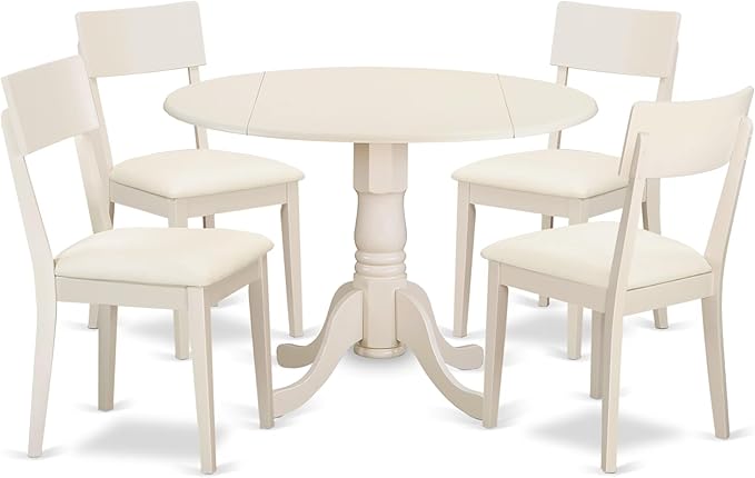 East West Furniture DLAD5-LWH-LC 5 Piece Modern Dining Table Set Includes a Round Wooden Table with Dropleaf and 4 Faux Leather Dining Room Chairs, 42x42 Inch, Linen White