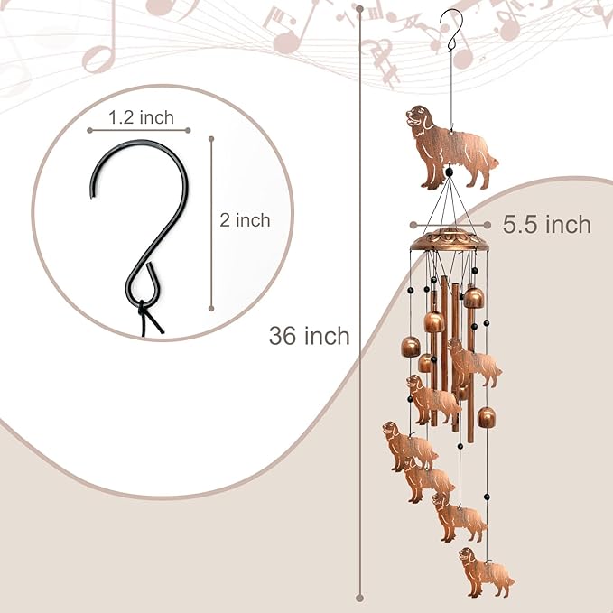 Golden Retriever Wind Chimes for Outside, Metal Windchimes Outdoors Birthday Gifts for Women Memorial Sympathy Wind Chimes for Patio Garden Yard