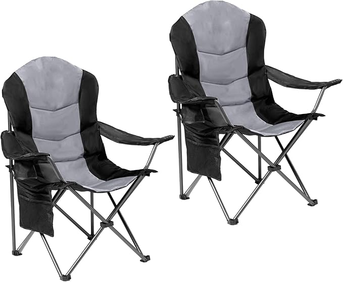 2 Pack Folding Camping Chairs for Adults - High Back Padded Outdoor Lawn Chairs with Lumbar Support & Cup Holder, 400lbs Heavy Duty Portable Camping Chairs Set (Black & Light Gray)