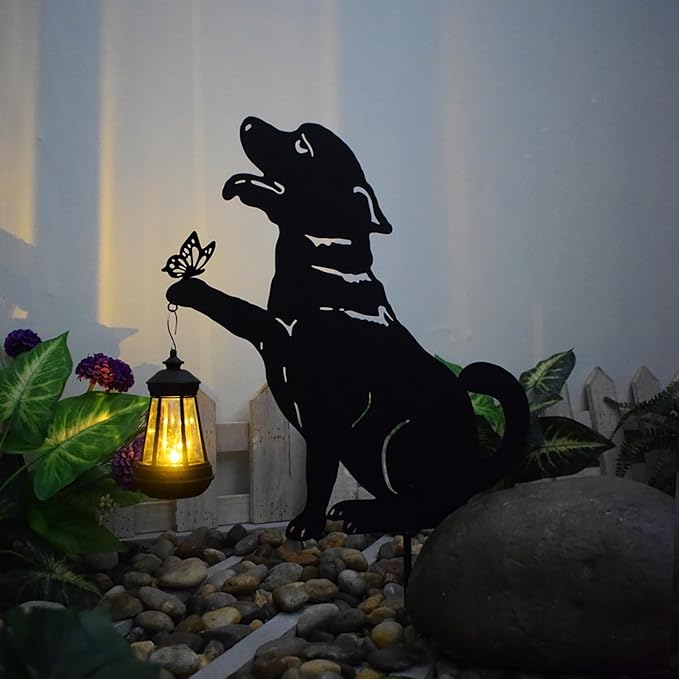 Solar-Powered Black Dog Garden Decor Stakes - Metal Silhouette Figurine for Outdoor Yard, Lawn, and Patio Decoration