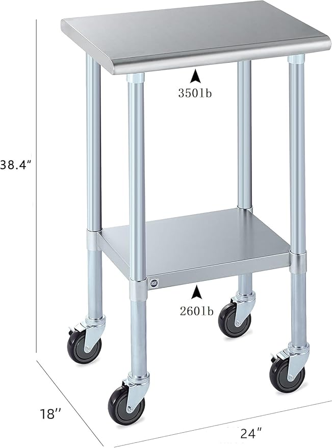 ROCKPOINT Stainless Steel Table for Prep & Work with Caster Wheels 18x24 Inches, NSF Metal Commercial Kitchen Heavy Duty Table with Adjustable Under Shelf and Table Foot for Restaurant, Home and Hotel