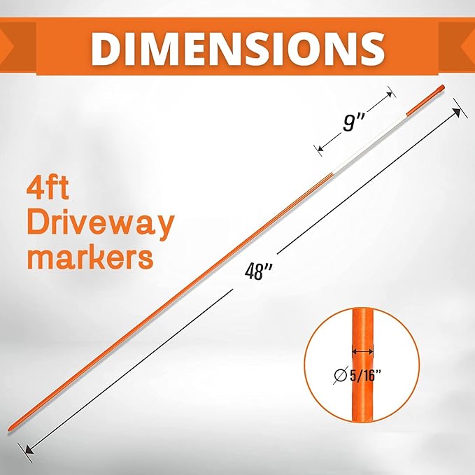 4ft Pro Snow Stakes - 48" x 5/16" Driveway Markers, Pointed Tip, Hy Viz Reflective Tape, Armor Cap (Choose Color/Quantity) (100, Orange)