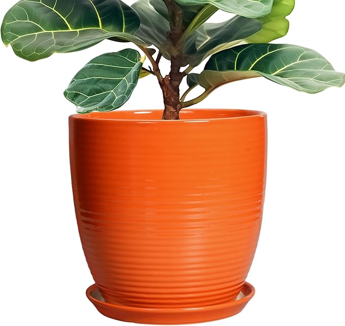 12 Inch Pots for Plants - Ceramic Plant Pots with Drainage Hole and Saucer, Modern Planter for Indoor Outdoor, Round Flower Planters, Porch Home Garden Decor, Gifts for Women, Orange