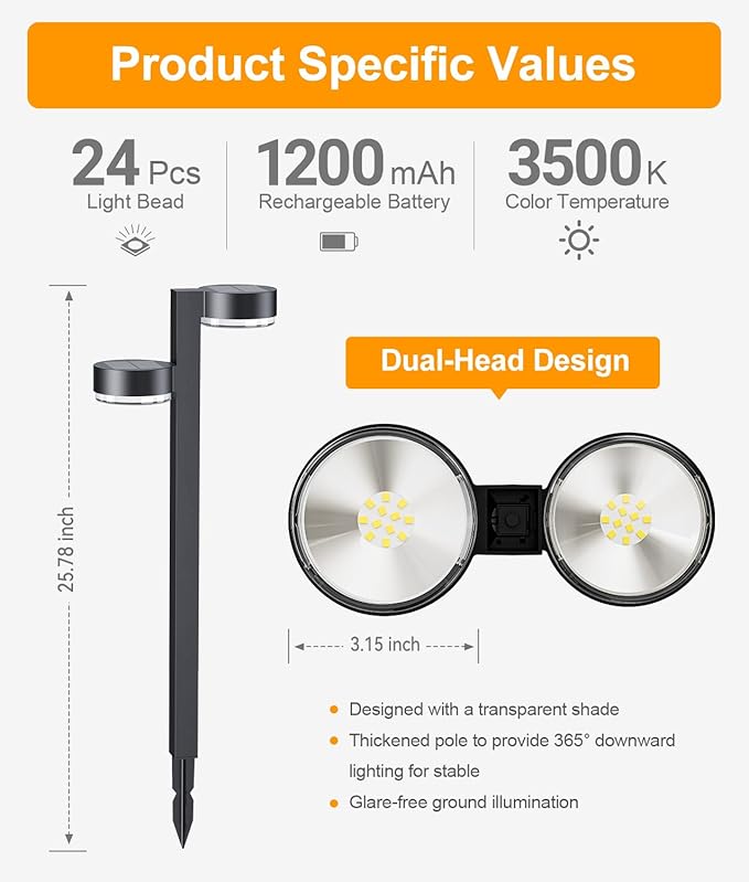 Brighter Solar Pathway Lights Outdoor, 2 Pack Dual-Head Solar Lights Outdoor Waterproof with 4 Head & 24 LED, Solar Powered Garden Light for Yard Path Walkway Driveway Sidewalk