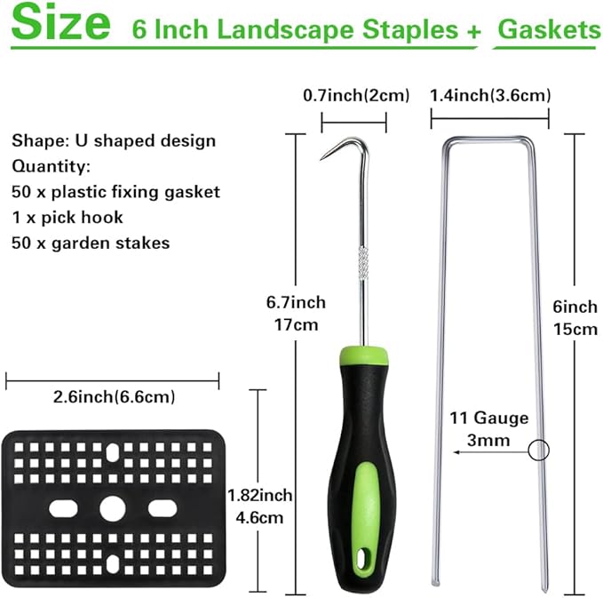 Bakulyor 50 Pcs Landscape Staples + 50 Pcs Gasket, 6 Inch Garden Stakes Staples 11 Gauge U Shaped Galvanized Lawn Landscape Pins, Heavy Duty Yard Ground Pin for Weed Barrier Sod Fabric Decorations
