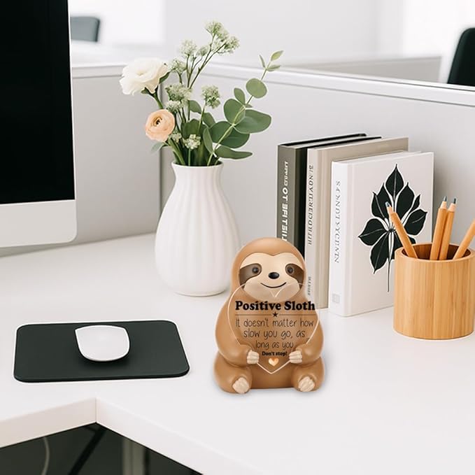 Sloth Figurine Gift, Positive Sloth Resin Statue with Heart Acrylic Plaque, Encouragement Desk Figurine for Women Men, Ideal Graduation Birthday Christmas Decor YSS4
