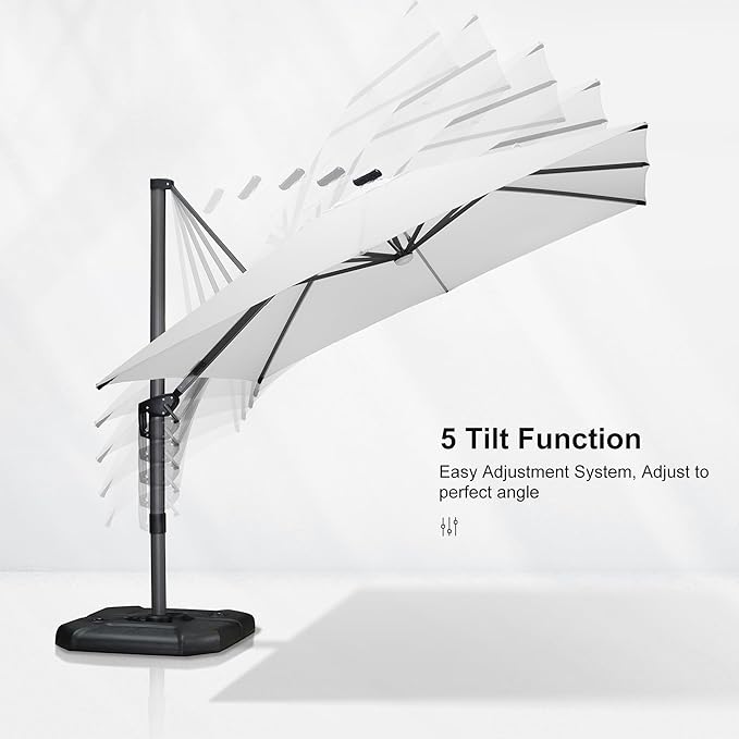 PURPLE LEAF 10 Feet Patio Umbrella with Base Outdoor Cantilever Solar Powered LED Square Umbrella Aluminum Offset Umbrella with 360-degree Rotation for Garden Deck Pool Patio White