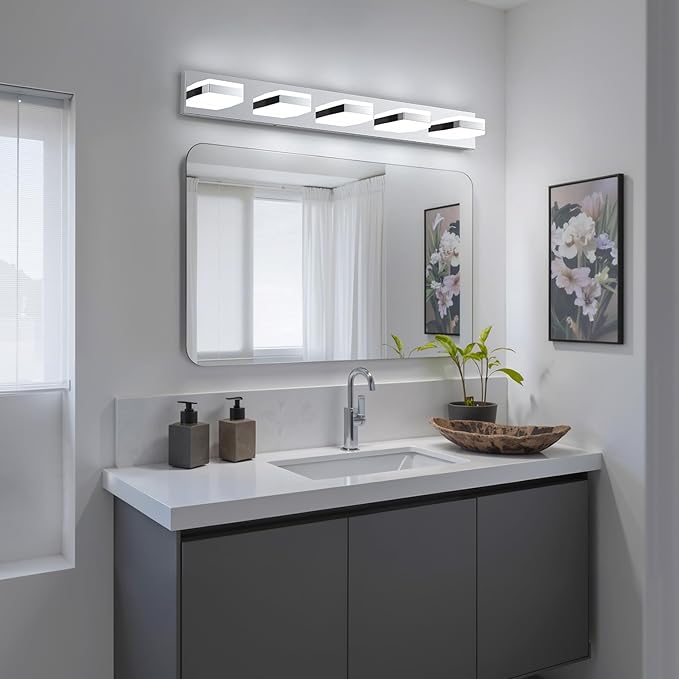 Bathroom Lighting Fixtures Over Mirror, 5 Light Bathroom Vanity Light Fixtures with Cool White 5000K, Silver LED Modern Vanity Wall Lights for Bath, Dressing Room, Restroom, 37.4 inch