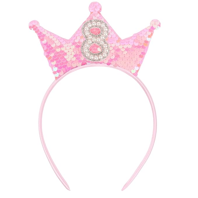 Birthday Crown Headband Pink Glitter Headbands for Girls Gifts for 8 Year Old Girls 8th Birthday Decorations