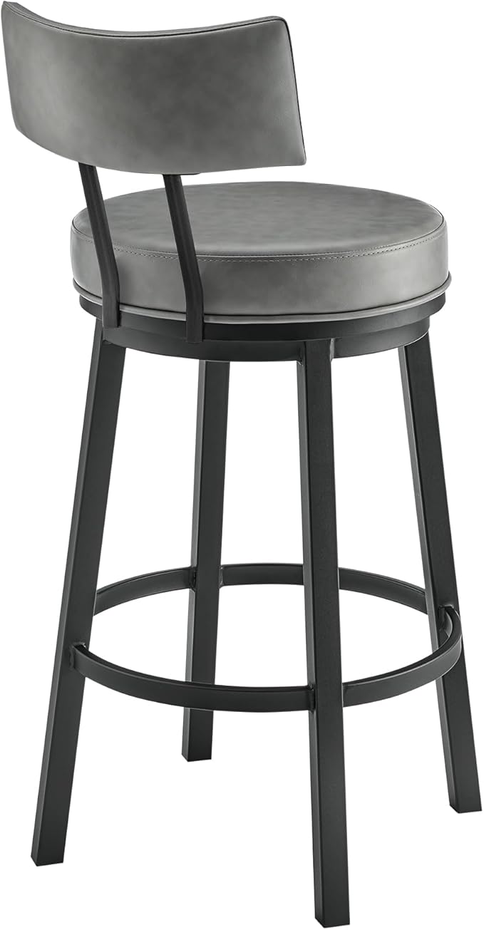 Armen Living Dalza Swivel Counter or Bar Stool in Black Finish with Grey Faux Leather