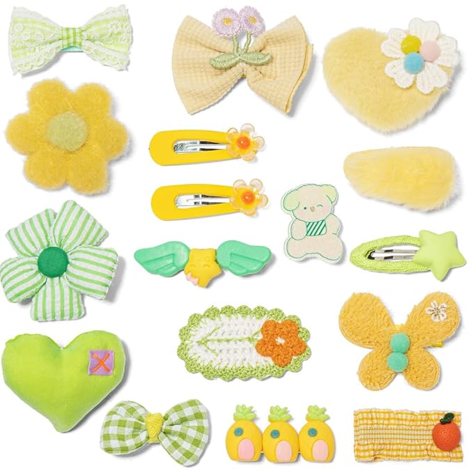 Hair Clips for Girls 18 Pcs No Slip Assorted Barrettes for Kids Bows Green Yellow Cute Hair Accessories for Little Girls Teens Toddlers Child Kids Gifts