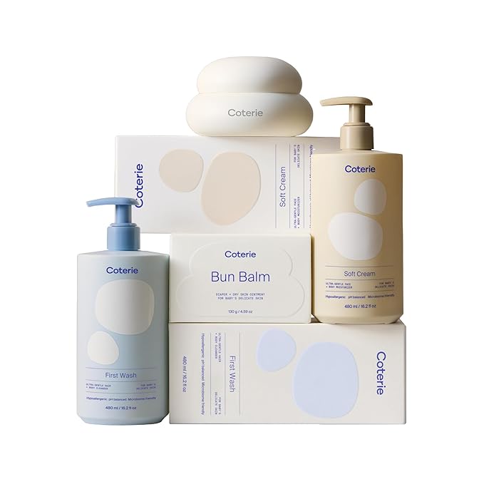 Coterie The Skin Essentials Baby Gift Set | 16.2 oz Shampoo + Body Wash, 16.2 oz Face + Body Lotion, 4.7oz Diaper + Dry Skin Balm | Fragrance Free, Safe for Sensitive Skin, Hypoallergenic, Eczema Safe