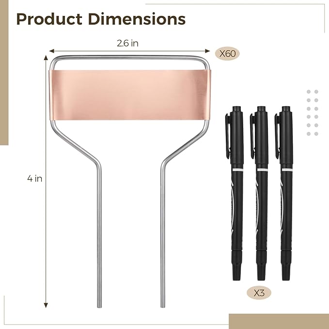 60 Pcs 4 Inch Copper Plant Tags for Outdoor Garden Waterproof, Metal Garden Tags Plant Labels for Garden with 2 Markers for Plant Information
