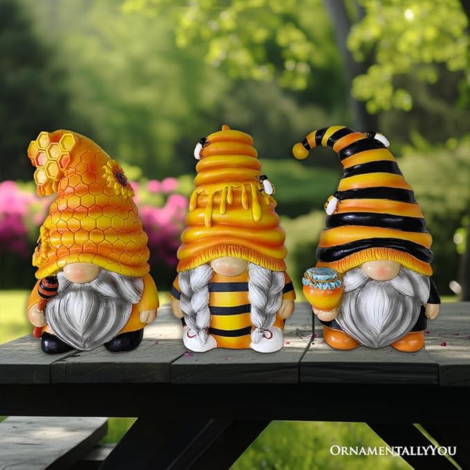 OrnamentallyYou Spring & Summer-Themed Garden Statues – Adorable Outdoor Decor for Lawn, Patio & Porch (Buzzy Trio Set of Three Bumble Bee Gnome Figurines, 6" Tiered Tray Home or Garden Decoration)