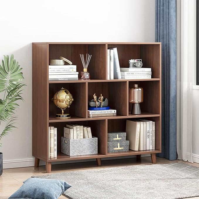IOTXY Open Cube Low Bookcase - 3-Tier Freestanding Storage Display Cabinet Organizer with Legs for Home Office, 7-Cubes Open Shelf Short Bookshelf, Walnut