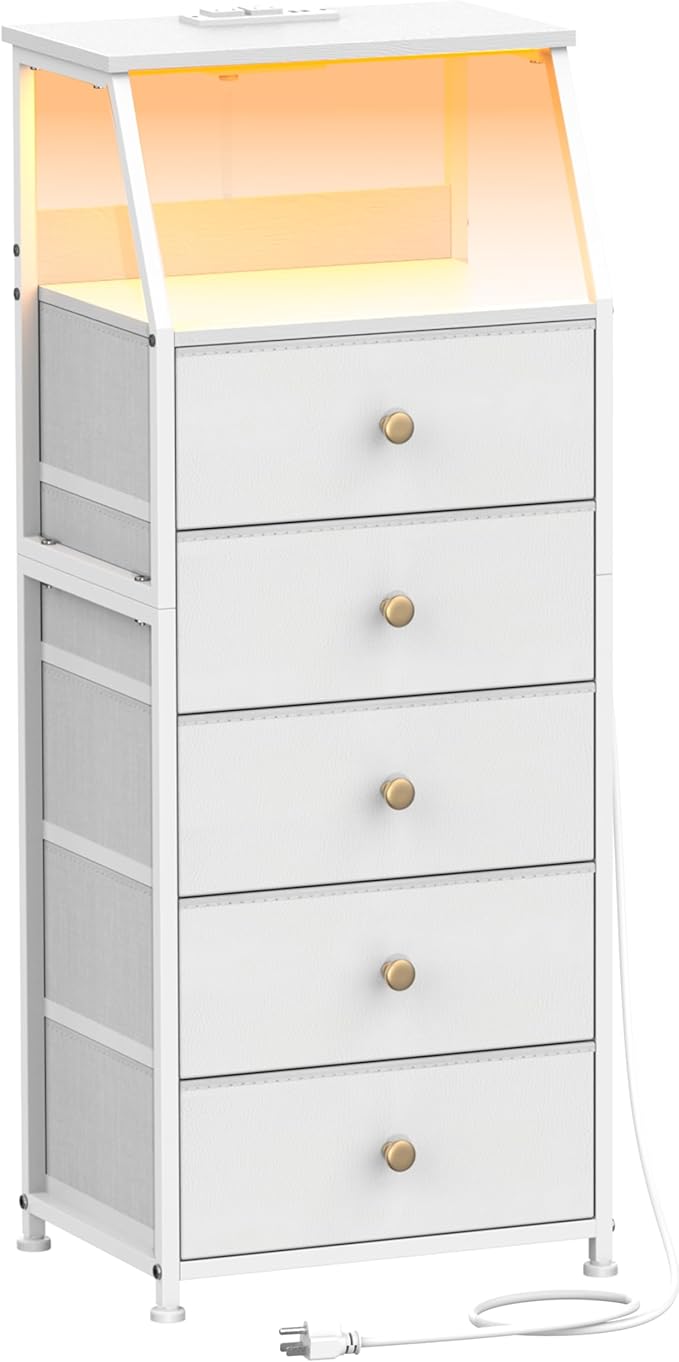 Tohomeor Dresser with Fabric Drawers Nightstand with 2 Tier Shelf Storage Tower for Bedroom Hallway Entryway Closet Organizer Sofa Beside Table Furniture (White, 5 Drawers)