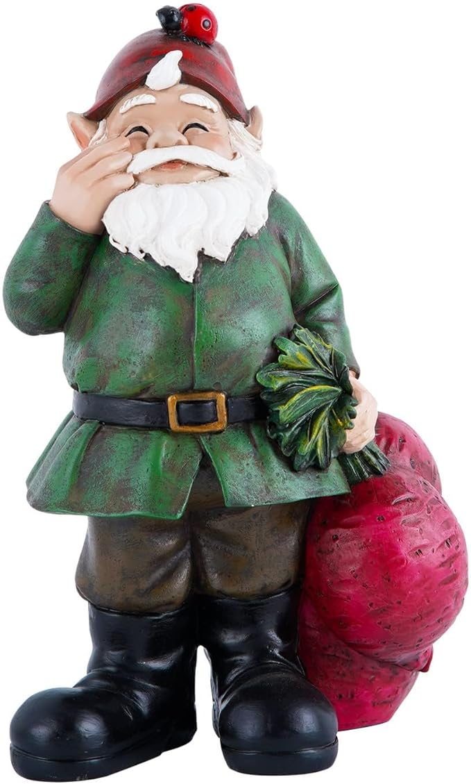 Topadorn Gnomes Figurine Resin Sculpture Garden Gnome Drag a Brunch of Radishes Statue with a Ladybug for Indoor Outdoor Decor, Radish Harvest 10 Inch, Weatherproof Garden Gnome Yard Statue Decor