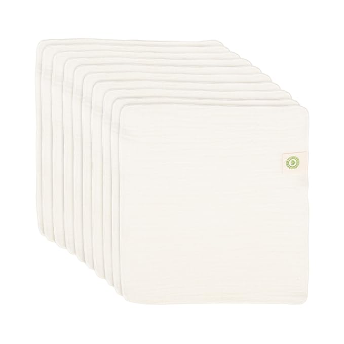 Organic Cotton Reusable Baby Wipes - 10 Pack, Washable, Unbleached, Undyed, All-Natural, Toxic-free White Muslin Washcloths - Soft and Gentle Cotton Cloth Gauze Weave Wash Cloth for Newborn - 10 Pack
