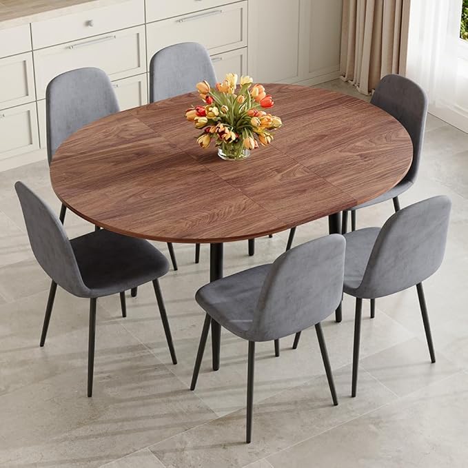 42" Round Dining Table for 4, 54" Oval Dining Table for 6, Extendable Kitchen & Dining Room Table with Metal Legs, Modern Rustic Space-Saving Adjustable Shape Dinner Table, Easy Assembly,Walnut