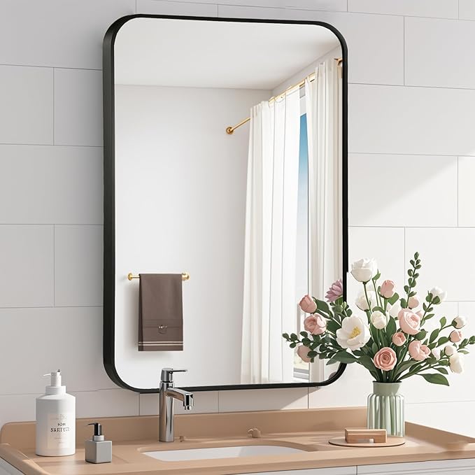 Black Bathroom Mirror, 48x30 Inch Matte Black Mirror, Aluminum Alloy Framed Vanity Mirror, Rounded Rectangle Bathroom Mirror for Over Sink, Anti-Rust Wall Mirror (Horizontally or Vertically)