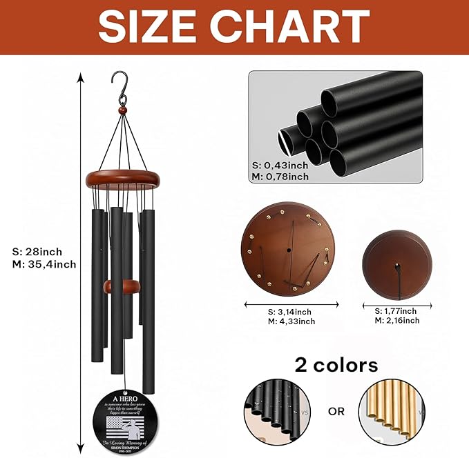 Personalized Military Memorial Wind Chime – “A Hero” Soldier & U.S. Flag Windchime – Custom Engraved Name & Years – Veteran Sympathy Gift – Memorial Windchime for Fallen Hero, Military Tribute Decor