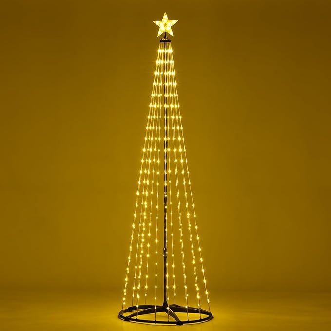7 ft Lighted Outdoor Christmas Tree, 310 LEDs Pre-lit Christmas Cone Tree with Star Topper for Indoor and Outdoor Holiday Decorations (Warm White)