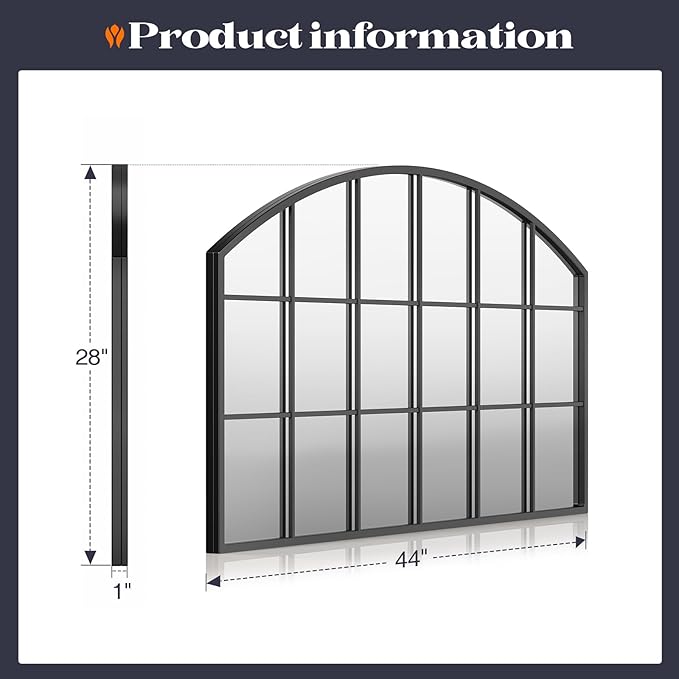 Wide Window Pane Mirror, 44" x 28" Black Arched Mirror for Wall, Grid Large Decorative Wall Mirrors for Living Room Bedroom Farmhouse Fireplace Hallway Entryway