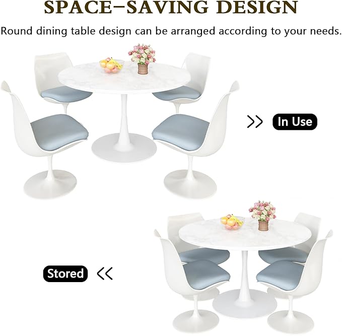 DKLGG White Marble Round Dining Table, 39.1" Tulip Kitchen Dining Table for 4-5 People with MDF Table Top & Pedestal Base, Mid-Century End Living Room Table