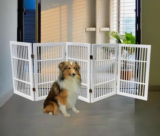 Pet Dog Gate Strong and Durable Freestanding Folding Acacia Hardwood Portable Wooden Fence Indoors or Outdoors by Urnporium (White Pet Gate, 5 Panel 30" Tall)