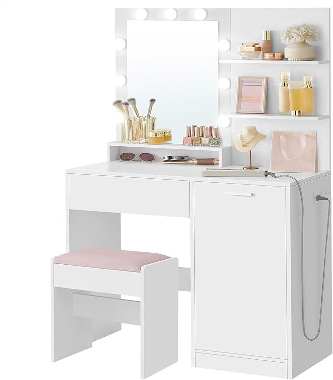 VASAGLE Vanity Desk with Mirror and Lights, 35.4-Inch Wide Makeup Vanity with Upholstered Vanity Stool, Power Outlets, Dimmable LED Lights, Storage Drawer, for Bedroom, Cloud White URDT128W01