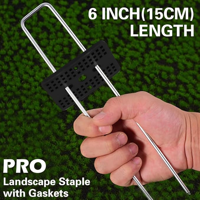 Bakulyor 50 Pcs Landscape Staples + 50 Pcs Gasket, 6 Inch Garden Stakes Staples 11 Gauge U Shaped Galvanized Lawn Landscape Pins, Heavy Duty Yard Ground Pin for Weed Barrier Sod Fabric Decorations