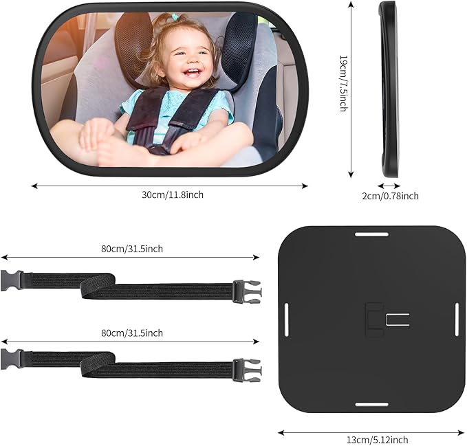 Baby Car Mirror, Safety Car Seat Mirror for Rear Facing Infant, Clear Wide View, 360°Rotation, Easily Observe the Baby Move, Secure, Shatterproof, Crash Tested and Certified (Black)
