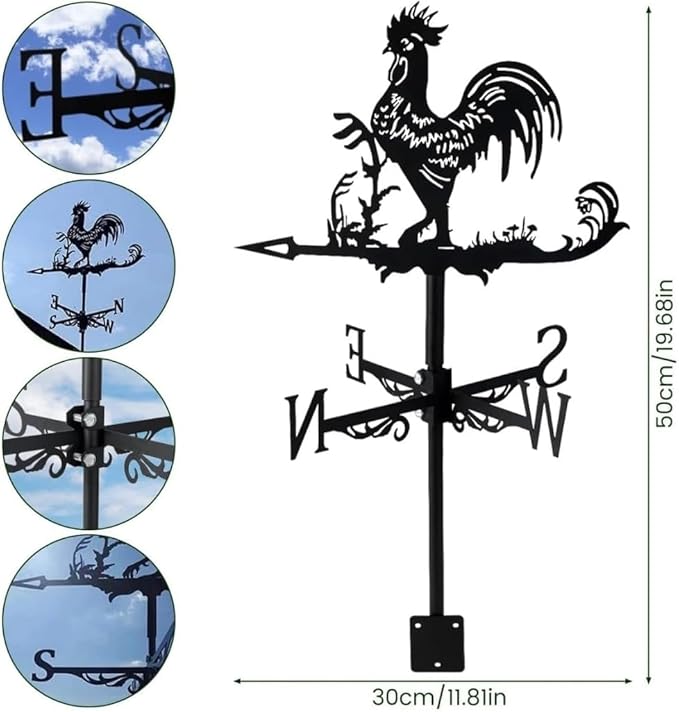 Rooster Weathervane Silhouette Art Black Metal Cock Wind Vanes Indicator Kit Outdoor Bracket for Garden Roof Yard Building (J)