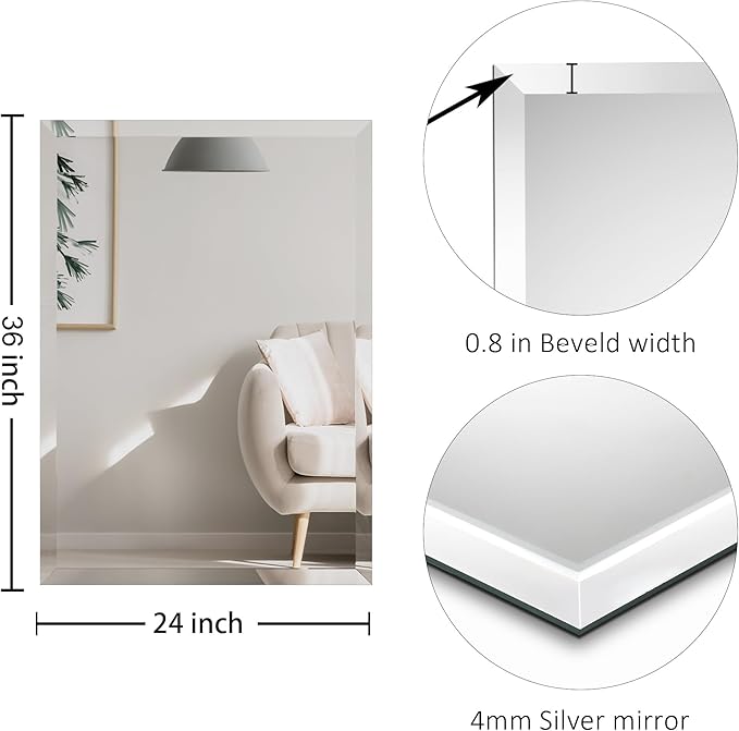 KOHROS Bathroom Mirror 36” x 24" Large Frameless Rectangle Bathroom Wall Mirror w/Polished Edge, Anti-Rust, Tempered Glass, Horizontally or Vertical Hanging (Silver)
