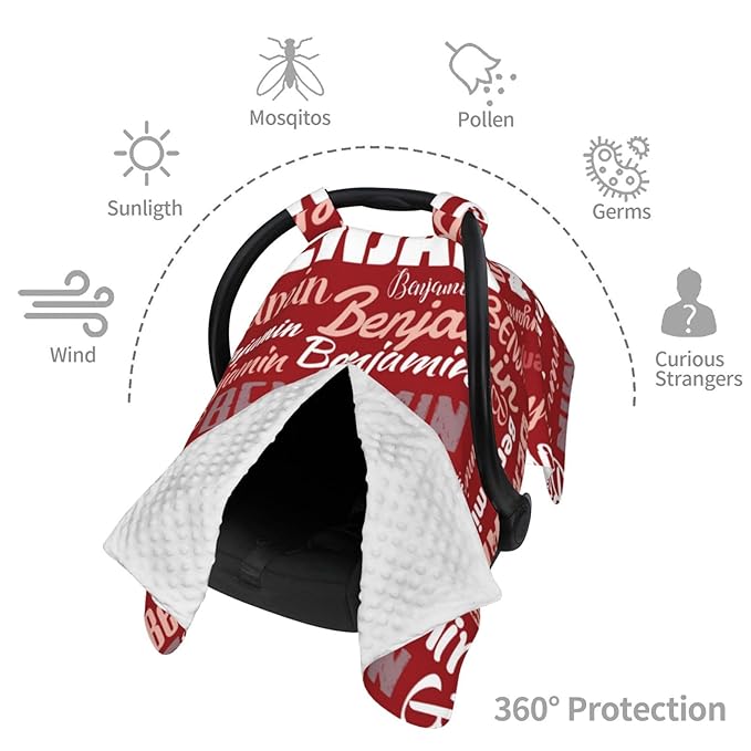 Personalized Baby Car Seat Canopy for Babies, Custom Name Baby Car Seats Covers for Girls Boys, Opening Minky Nursing Breastfeeding Cover for Infant, Carseat Canopies for Newborn (Red)