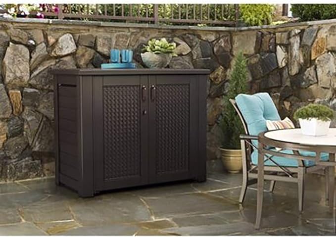 Rubbermaid Decorative Outdoor Storage Cabinet (123 Gal), Weather Resistant, Brown, Organization for Home/Backyard/Pool Chemicals/Toys/Garden Tools/Porch/Patio Cushions