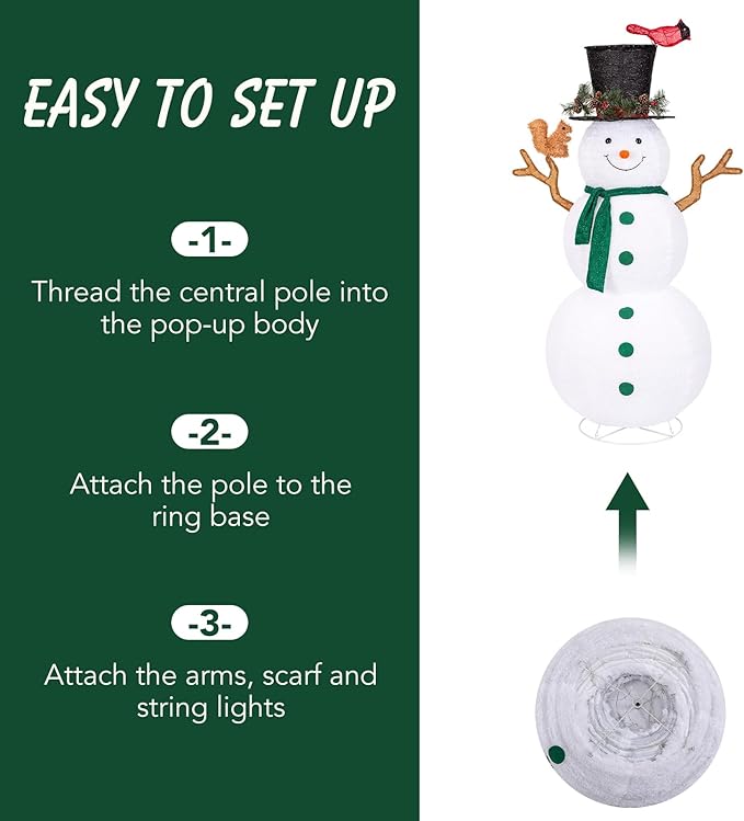 NALONE 6 FT Christmas Lighted Snowman with 200 LED Lights & Timer, Collapsible Snowman Christmas Decorations Outdoor Yard Home, Fluffy Snowman with Bird & Squirrel(6FT)