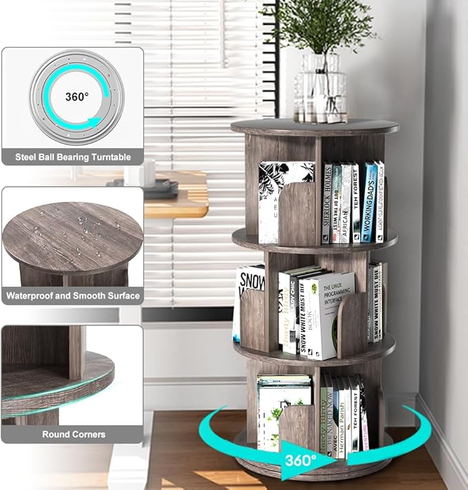 Nidouillet Rotating Bookshelf, Revolving Bookcase 360 Display Round Bookshelf Narrow Swivel Corner Book Shelf Standing Bookcase for Adult Bedroom, Living Room (Oak Grey, 3 Tier)