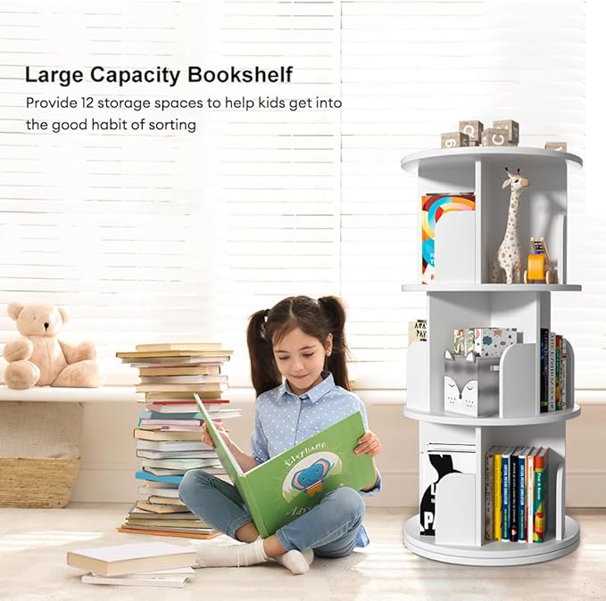 Nidouillet Rotating Bookshelf, Revolving Bookcase 360 Display Round Bookshelf Narrow Swivel Corner Book Shelf Standing Bookcase for Adult Bedroom, Living Room (White, 3 Tier)