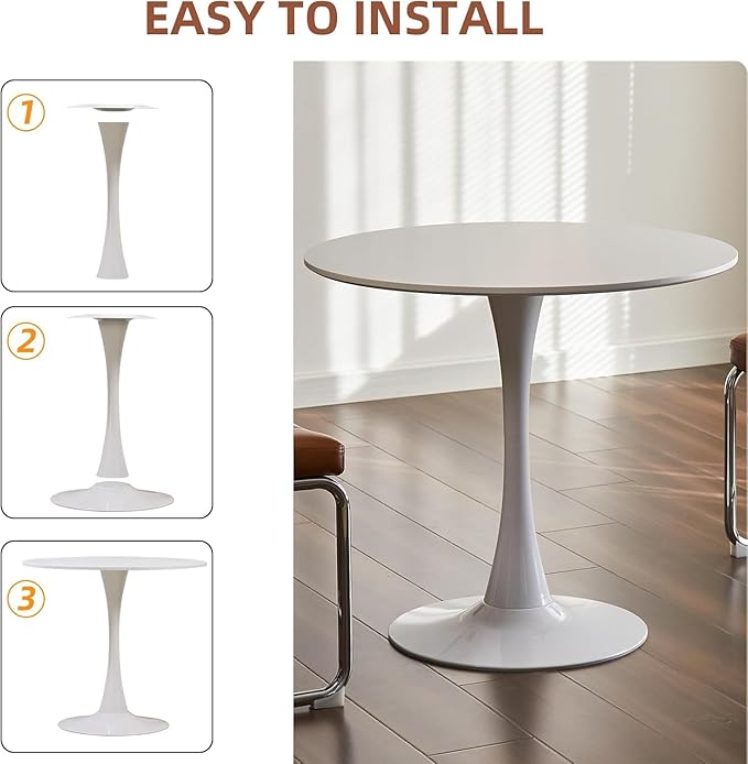 Round Dining Tulip Table for 4, Mid-Century Modern Table with Sturdy Metal Pedestal for Kitchen, Bistro, Cafe, Leisure (White, 31.5 INCH)