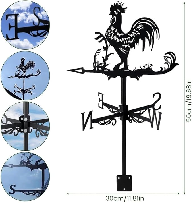 Rooster Weathervane Silhouette Art Black Metal Cock Wind Vanes Indicator Kit Outdoor Bracket for Garden Roof Yard Building (C)