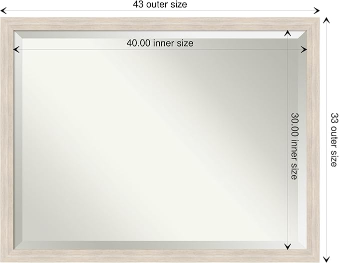 Amanti Art White Bathroom Mirror for Over Sink, 33x43 Hardwood White Wash Narrow Rectangle Vanity Mirror, X-Large Rustic Farmhouse Wood Frame, Hangs Horizonally and Vertically, Bathroom Wall Decor