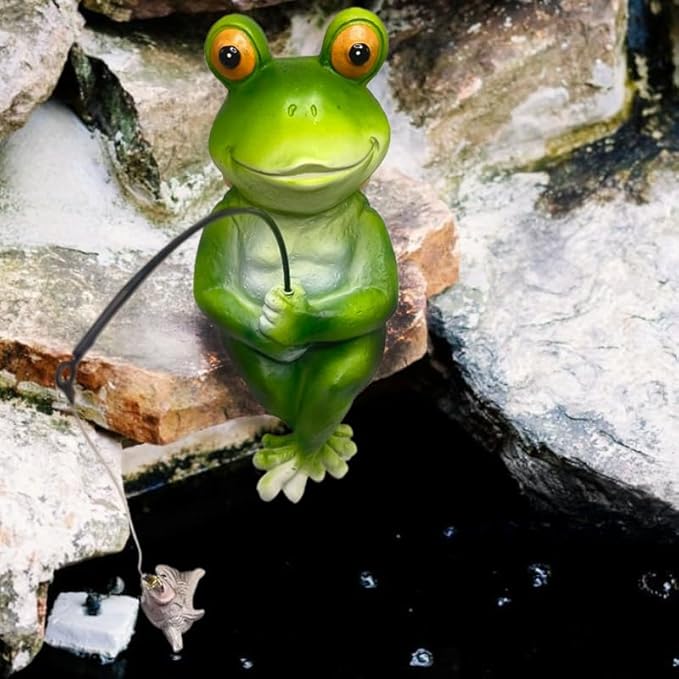 Frog Fishing Statue Garden Decor – 9.8" Weatherproof Resin Frog Fishing Sculpture Decor for Fish Ponds, Koi Ponds, Waterfalls, Poolside & Outdoor Gardens– Resin Figurine for Indoor & Outdoor Décor