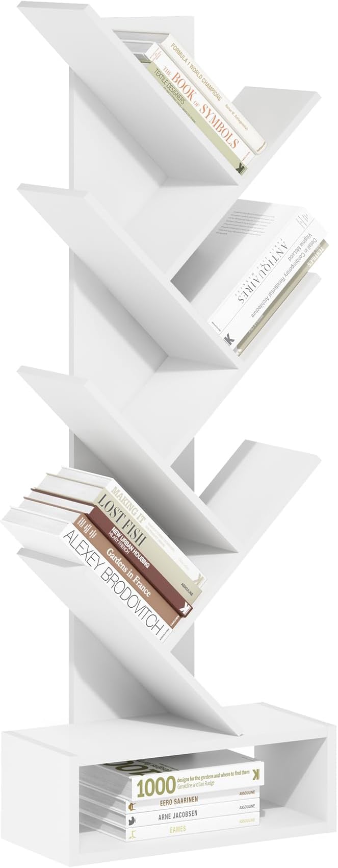Furinno Tree Bookshelf 7-Tier Floor Standing Tree Bookcase with Bottom Shelf, White