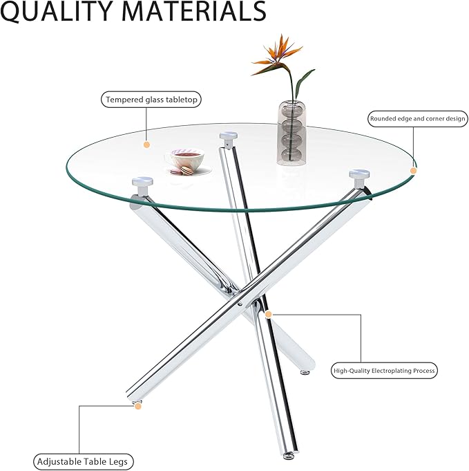 36" Round Glass Dining Room Table for 4 with Tempered Glass Top and Silver Chrome Metal Tube Legs, Modern Clear Kitchen and Dinner Table for Home Office Dining Room