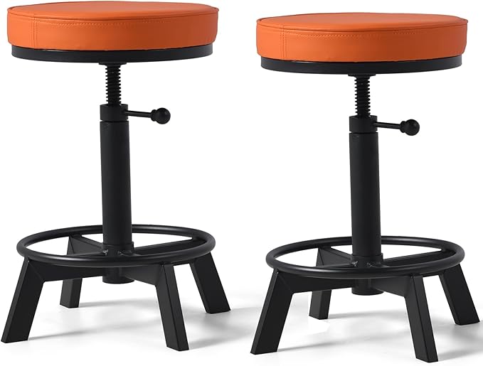 Vintage Short Bar Stools Industrial Swivel Counter Stools 17-24inch Height Adjustable Rustic Leather PU Seat Chairs for Kitchen Island Extra Seat Beside Sofa (Bright Orange)