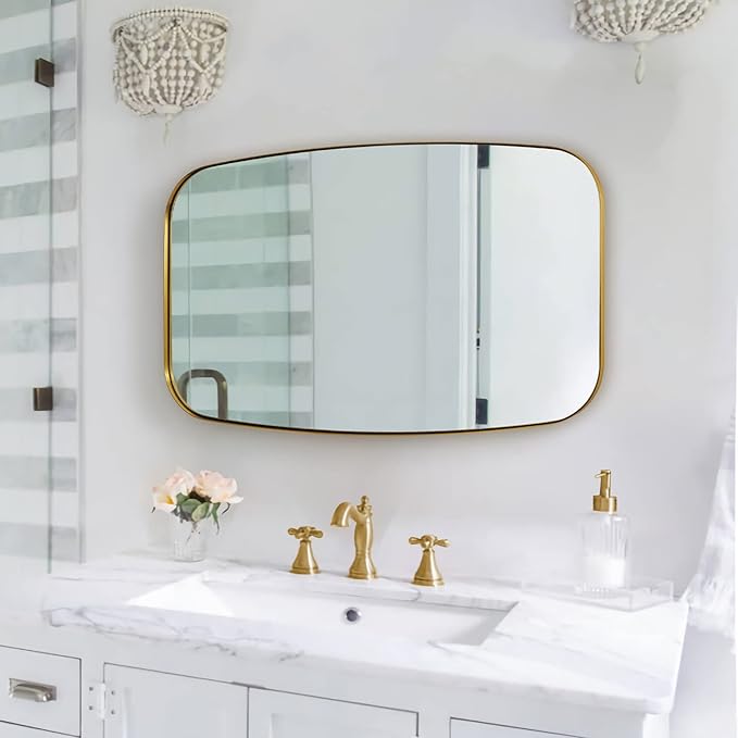 ANDY STAR Gold Bathroom Mirror, 20x30’’ Brushed Gold Vanity Mirror for Bathroom, Brushed Brass Oblong Stainless Steel Metal Frame Mirror for Over Sink
