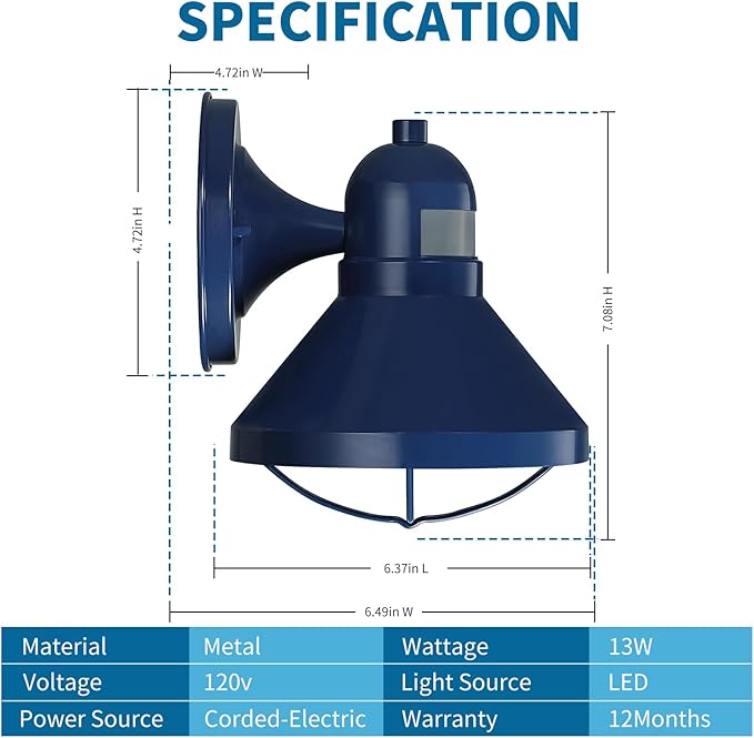 LONEDRUID Motion Sensor Outdoor LED Wall Sconce Dusk to Dawn Exterior Barn Lighting Fixtures Blue Outside Porch Light Waterproof Farmhouse Wall Mount Lamp for House Garage Entryway