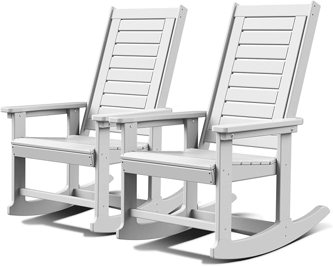 GREENVINES Outdoor Rocking Chairs | Set of 2 | Porch Rocker | HDPE Plastic | White | Oversized Rockers | High Back | Big & Tall | Ladder Back | for Patio Outside Backyard Balcony Garden