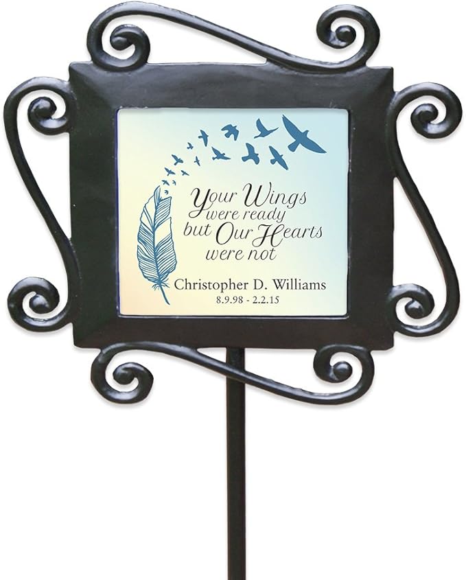 GiftsForYouNow Wrought Iron Personalized Memorial Garden Stake with Custom Text, 28 x 8.5 Inches, Temporary Grave Marker, Cemetery Memorial Plaque for Loss of Loved One Wings were Ready